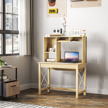 Bureau informatique Sloan avec surmeuble et étagères de rangement - Chêne