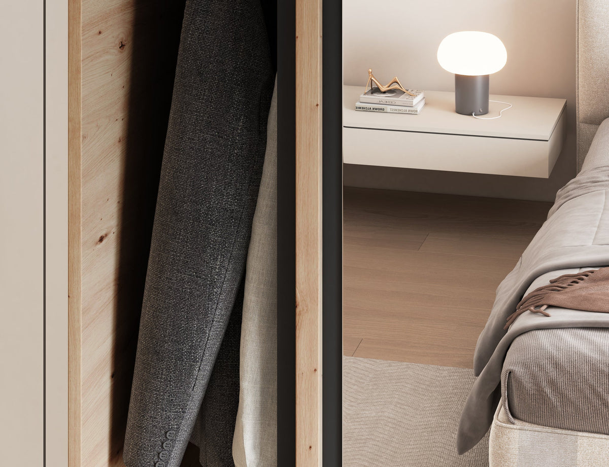 Emerio Mirrored 2 Sliding Door Freestanding Wardrobe - Maple Oak