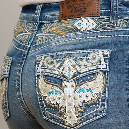Westfield Eagle Women’s Embroidered Bootcut Jeans. High Waisted Eagle Bling Denim