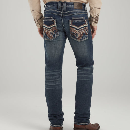 Eagle Warrior Men’s Premium Bootcut Jeans. Tribal Embroidered 7-Pocket Stretch Denim