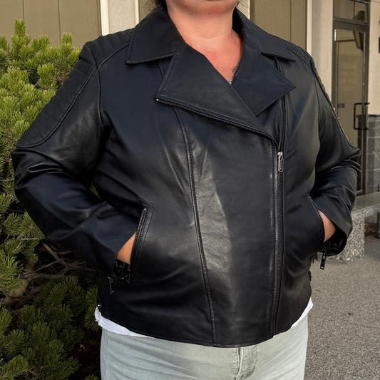 Women's Lamb Leather Biker Style Jacket with Quilted Ribbed Shoulders