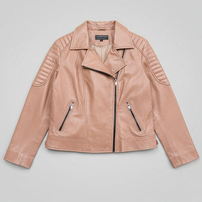 Women's Lamb Leather Biker Style Jacket with Quilted Ribbed Shoulders