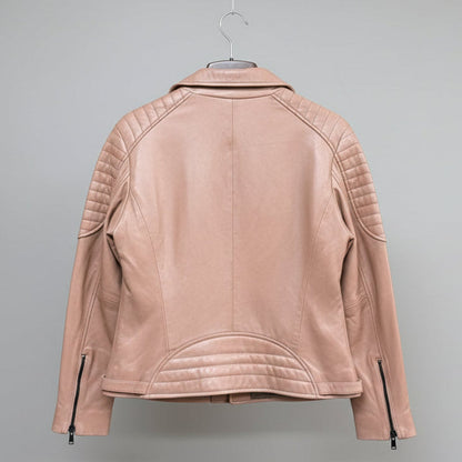 Women's Lamb Leather Biker Style Jacket with Quilted Ribbed Shoulders