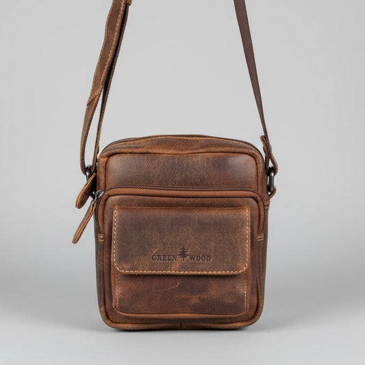Greenwood Leather Mini-Messenger Bag. Premium Compact Crossbody Travel Organizer