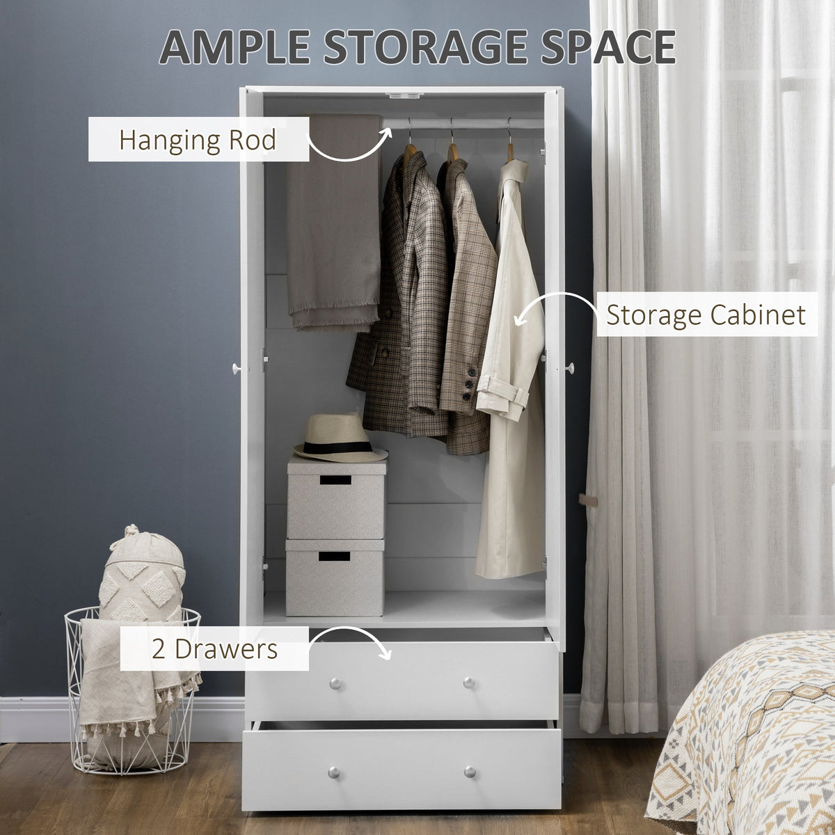Armoire Briar moderne avec 2 tiroirs et tringle à vêtements - Blanc