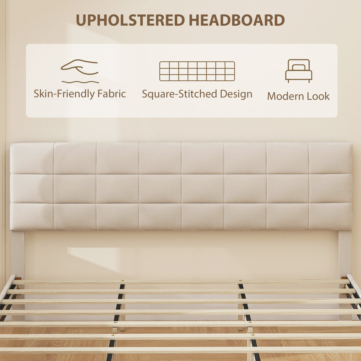 Harper King Size Bed Frame with Upholstered Headboard-Cream White
