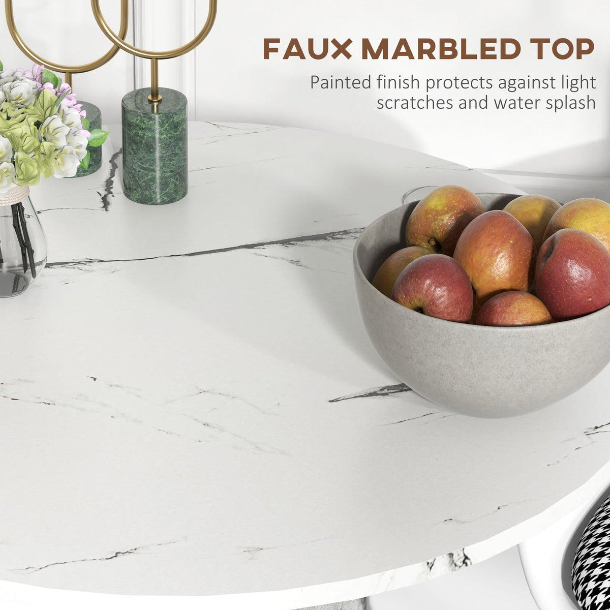 Table à manger moderne ronde René avec plateau en imitation marbre pour petits espaces-Blanc