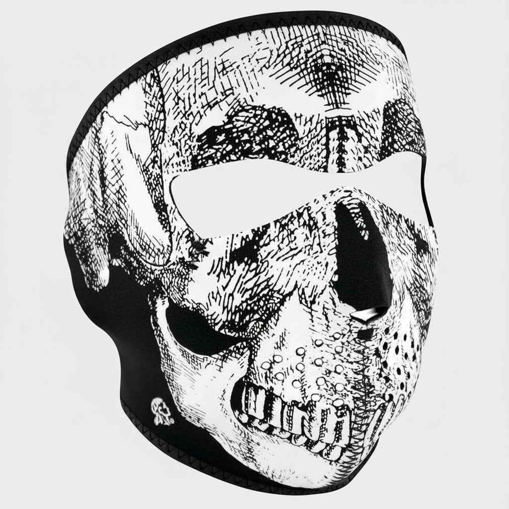 Masque intégral ZANheadgear en néoprène avec motif tête de mort noir et blanc