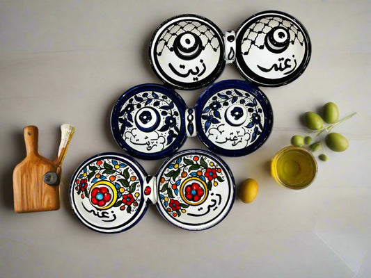 Bols en céramique faits à la main avec couvercles – Plats de service pour huile d'olive et za'atar | Poterie palestinienne d'Hébron | Différents motifs et modèles