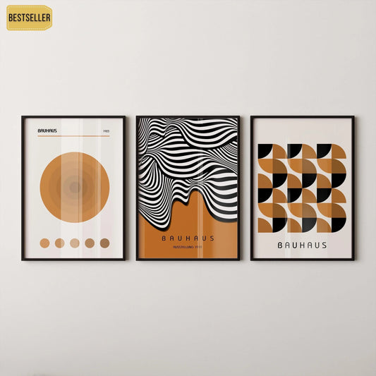 Bauhaus Art Prints: Mid-Century Modern Trio, Brown Geometric Posters