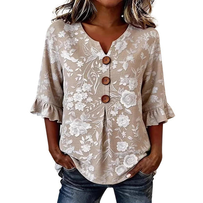 Womens Three-quarter-sleeve Buttoned Blouse With A Floral Pattern