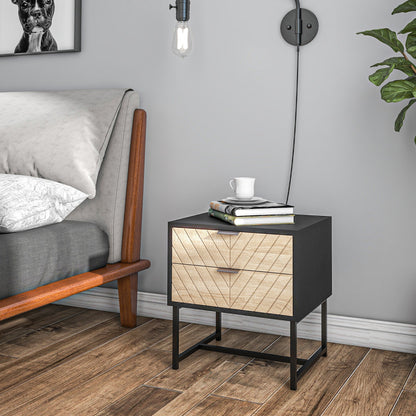 Emery Modern Bedside Table with 2 Drawers and Steel Legs-Black/Oak