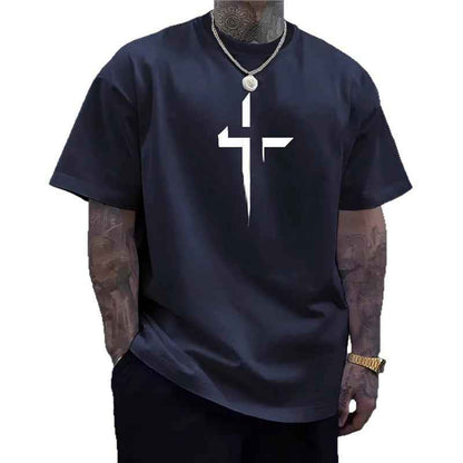 Street-style Mens Casual Loose-fit Cross-print Creative Sports Short-sleeve Top