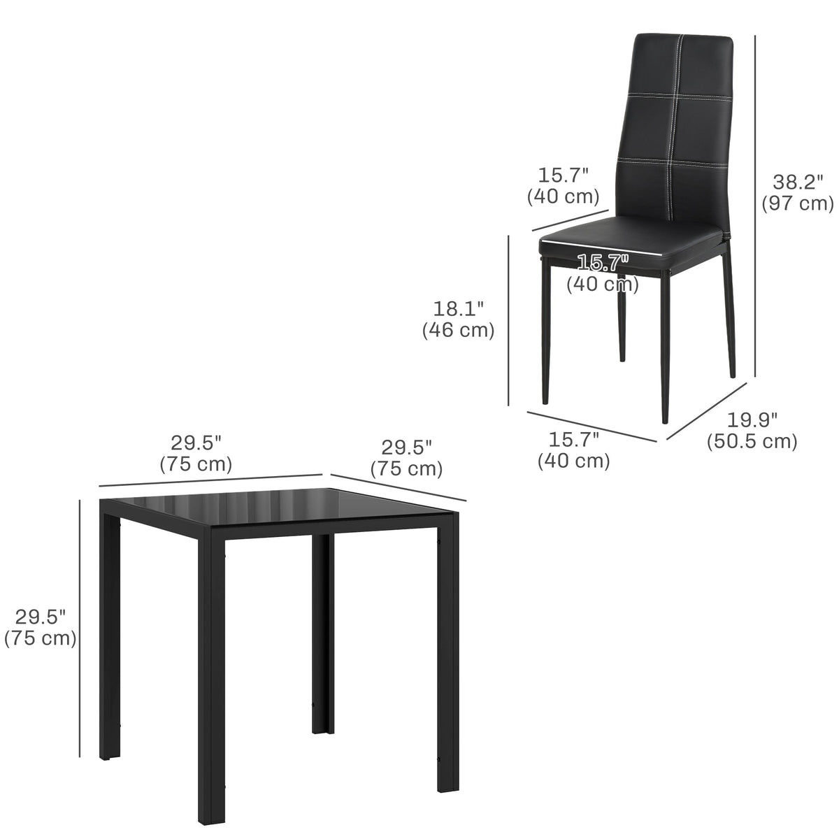 Ensemble de salle à manger rectangulaire 3 pièces en verre Zaya pour petits espaces - Noir