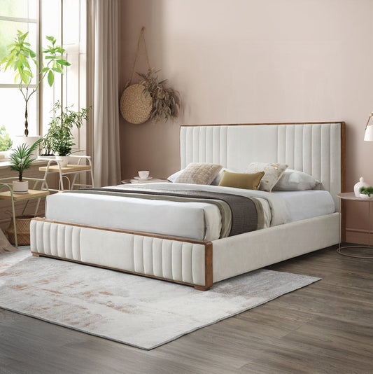 Lit plateforme capitonné Mahi - Beige/Noyer