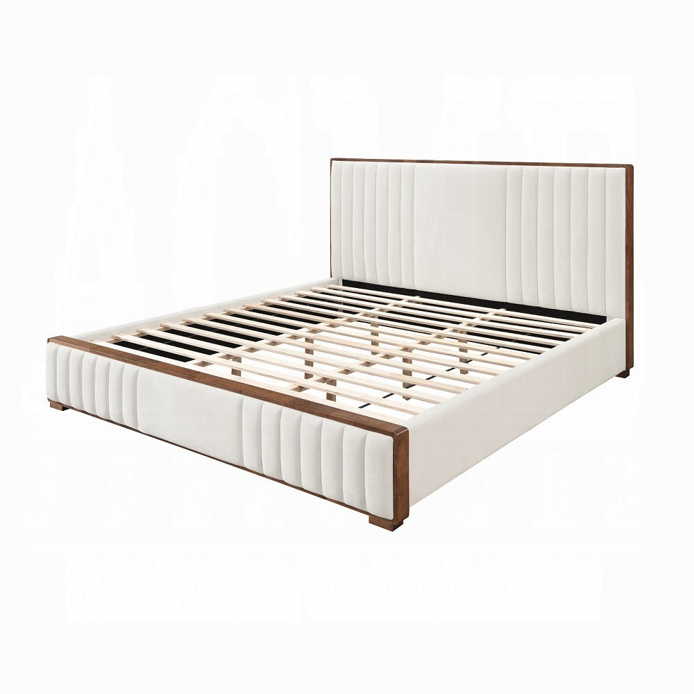Lit plateforme capitonné Mahi - Beige/Noyer
