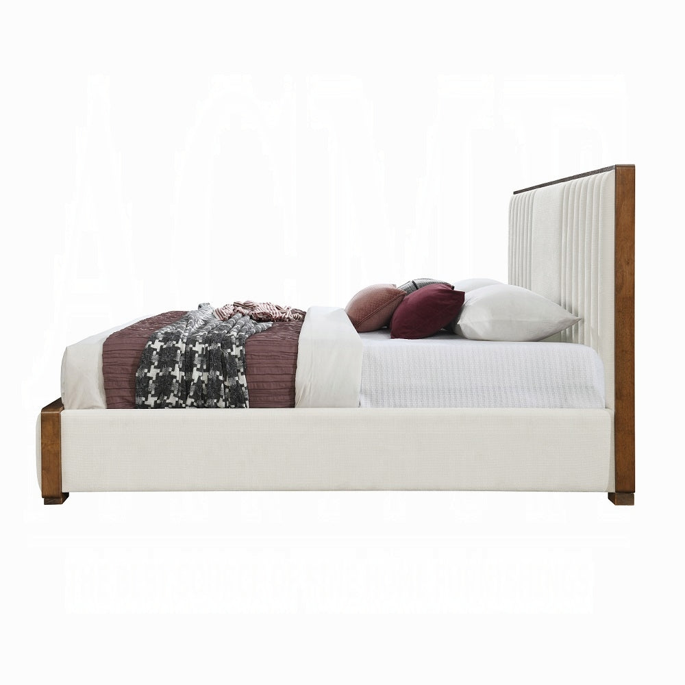 Lit plateforme capitonné Mahi - Beige/Noyer
