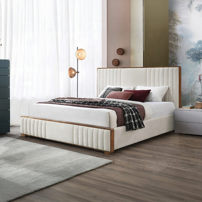 Lit plateforme capitonné Mahi - Beige/Noyer