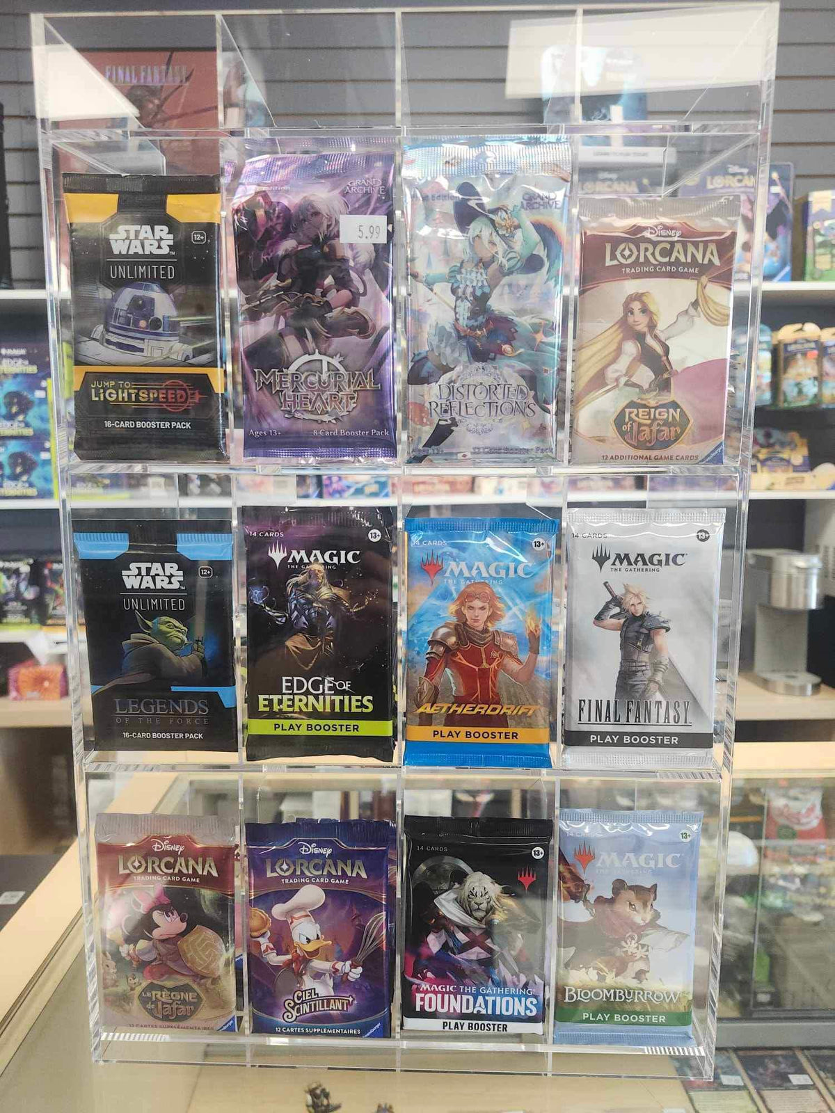 Présentoir en acrylique EVORETRO pour les packs distributeurs de boosters – Présentoir de comptoir avec étagère supérieure