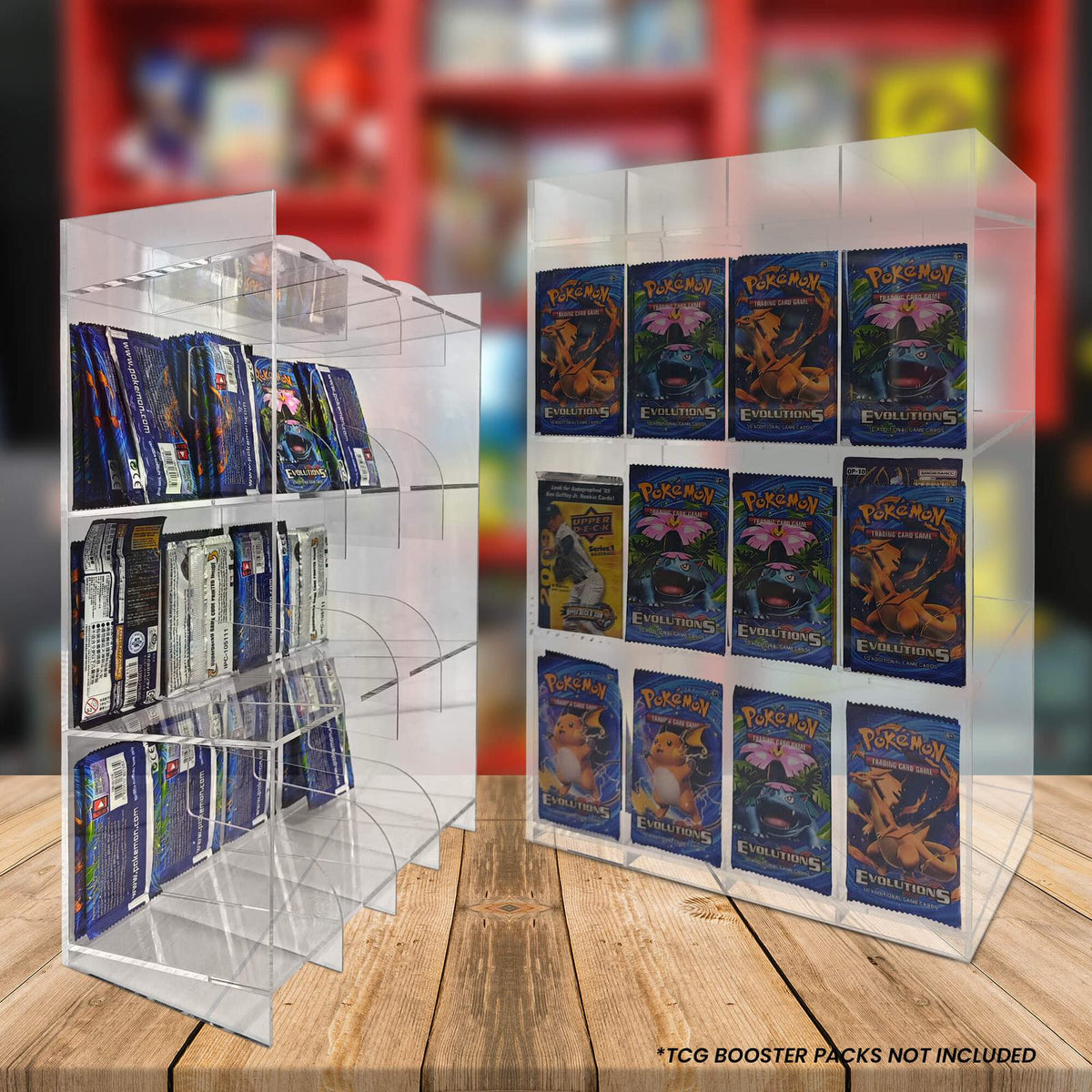 Présentoir en acrylique EVORETRO pour les packs distributeurs de boosters – Présentoir de comptoir avec étagère supérieure