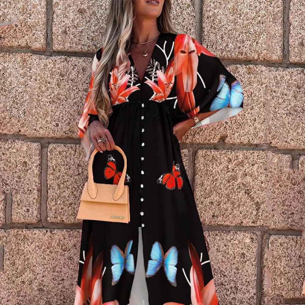 Summer Casual Vacation Style V-Neck Printed Dress