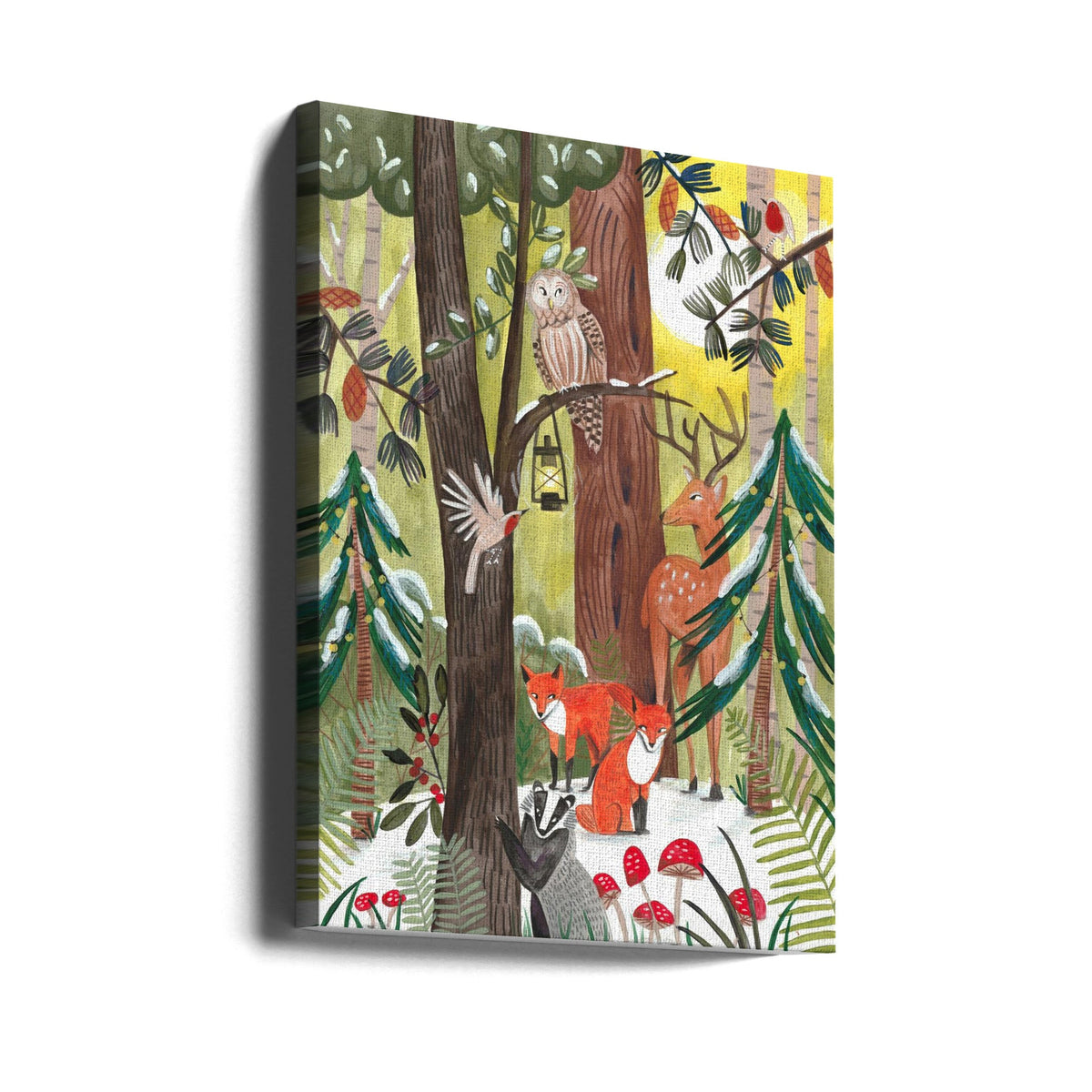 Décoration murale Forêt de Noël verte avec animaux Impression sur toile