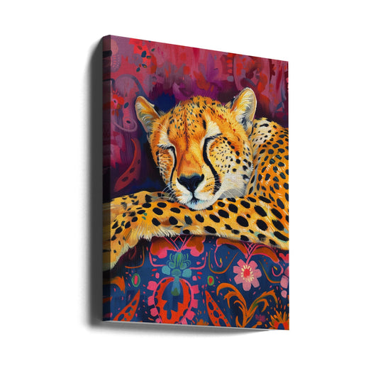 Resting Cheetah on Richly Patterned Fabric Canvas Wall Art