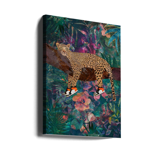 Leopard Wearing Shoes in a Tropical Jungle Canvas Wall Art | Tropical Floral Jungle - Leopard wearing shoes