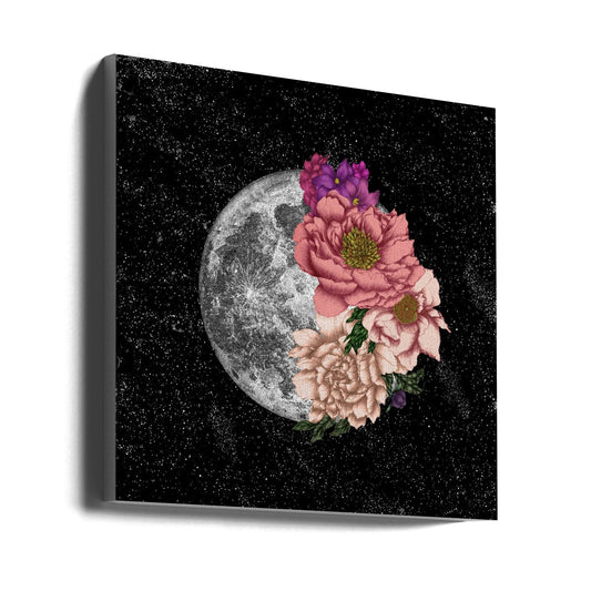 Full Moon with Pink and Cream Flowers Canvas Wall Art | Moon Abloom New Square
