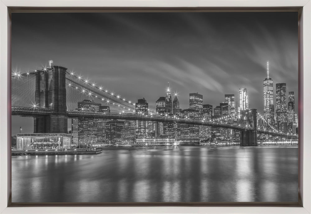 Monochrome Brooklyn Bridge Night Skyline Canvas Wall Art | BROOKLYN BRIDGE Nightly Impressions - Monochrome