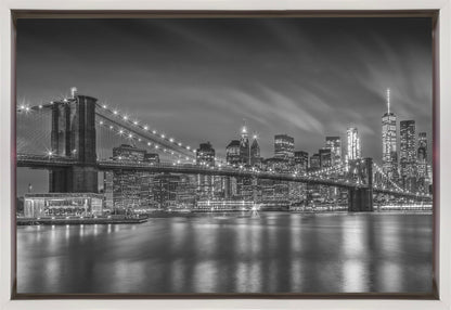 Monochrome Brooklyn Bridge Night Skyline Canvas Wall Art | BROOKLYN BRIDGE Nightly Impressions - Monochrome