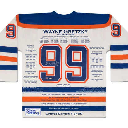 MAILLOT DE CARRIÈRE BLANC DE WAYNE GRETZKY #1 DE 99 (TAILLE L OU XL) - COA UPPER DECK - ÉDITION LIMITÉE AUTOGRAPHIÉE DE COLLECTION LNH - EDMONTON OILERS