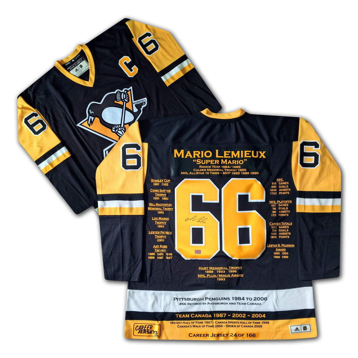 MAILLOT DE CARRIÈRE MARIO LEMIEUX AUTOGRAPHÉ - ÉDITION LIMITÉE 166 - PENGUINS DE PITTSBURGH
