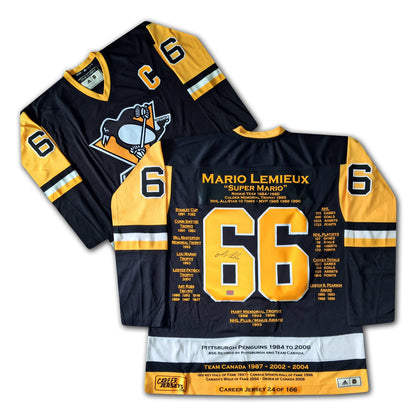 MAILLOT DE CARRIÈRE MARIO LEMIEUX AUTOGRAPHÉ - ÉDITION LIMITÉE 166 - PENGUINS DE PITTSBURGH