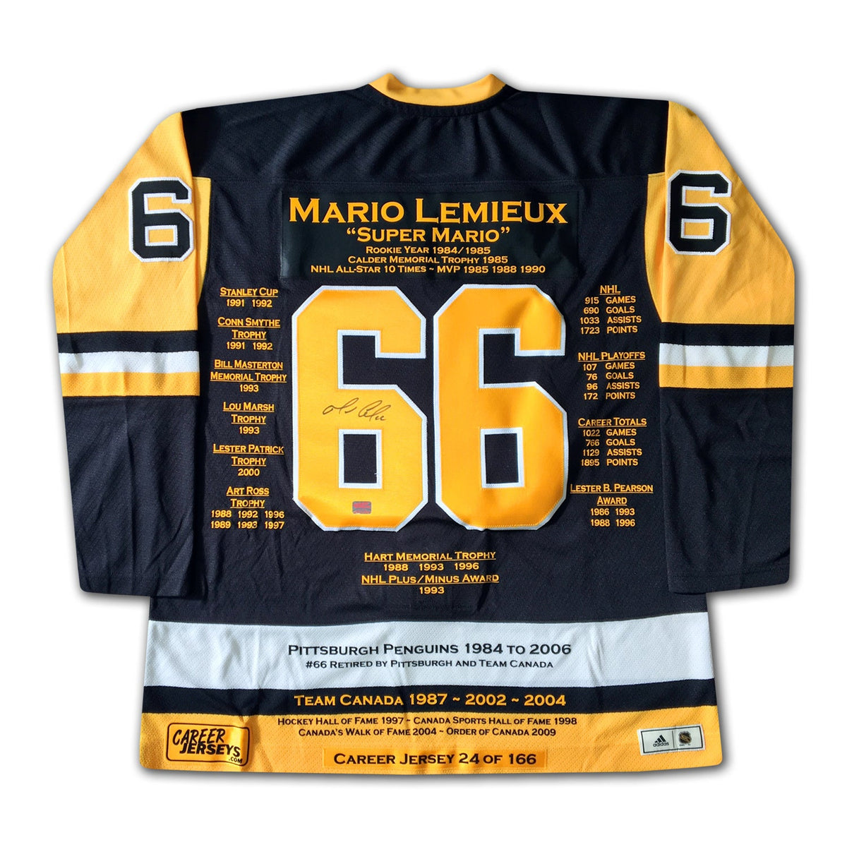 MAILLOT DE CARRIÈRE MARIO LEMIEUX AUTOGRAPHÉ - ÉDITION LIMITÉE 166 - PENGUINS DE PITTSBURGH