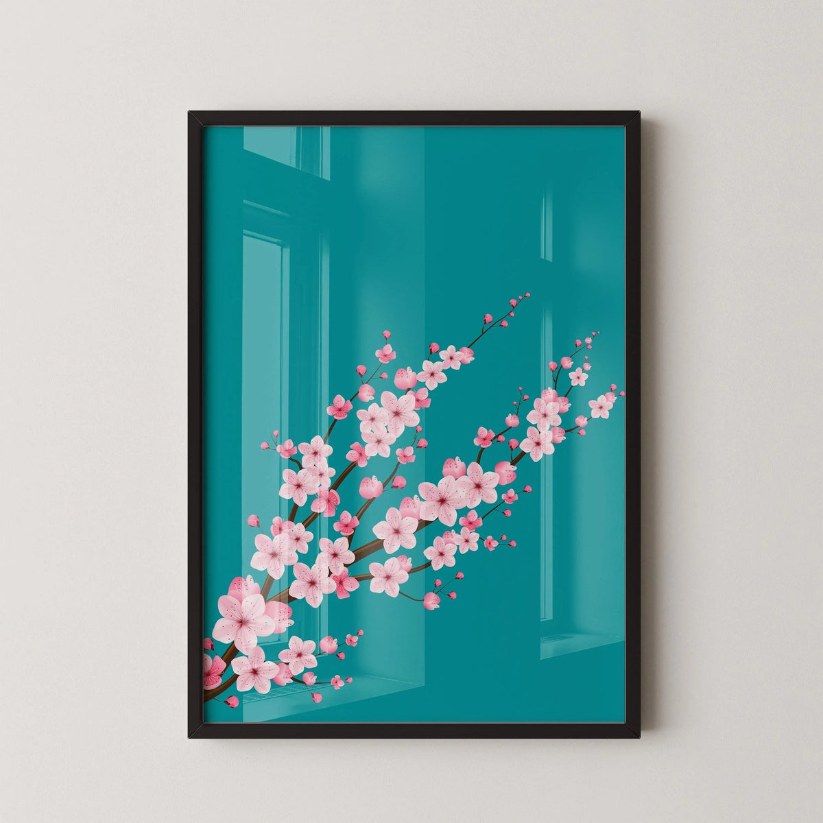 Cherry Blossoms with Teal Aquamarine Background (available handframed ready to hang or unframed)