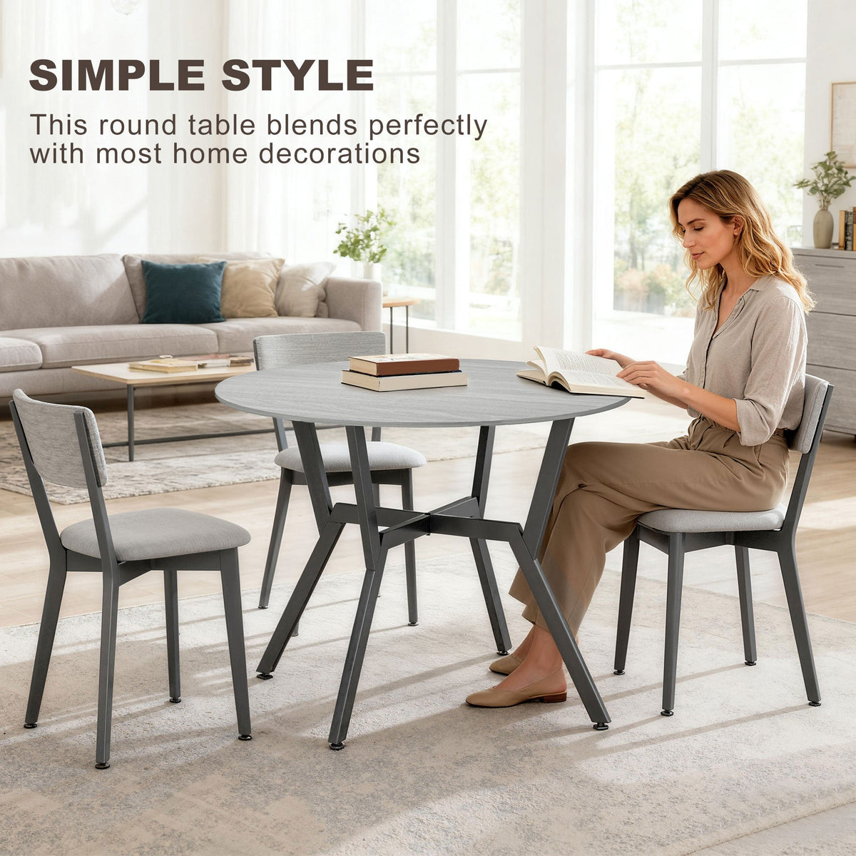 Ainsley 35" Round Dining Table with Steel Frame-Grey
