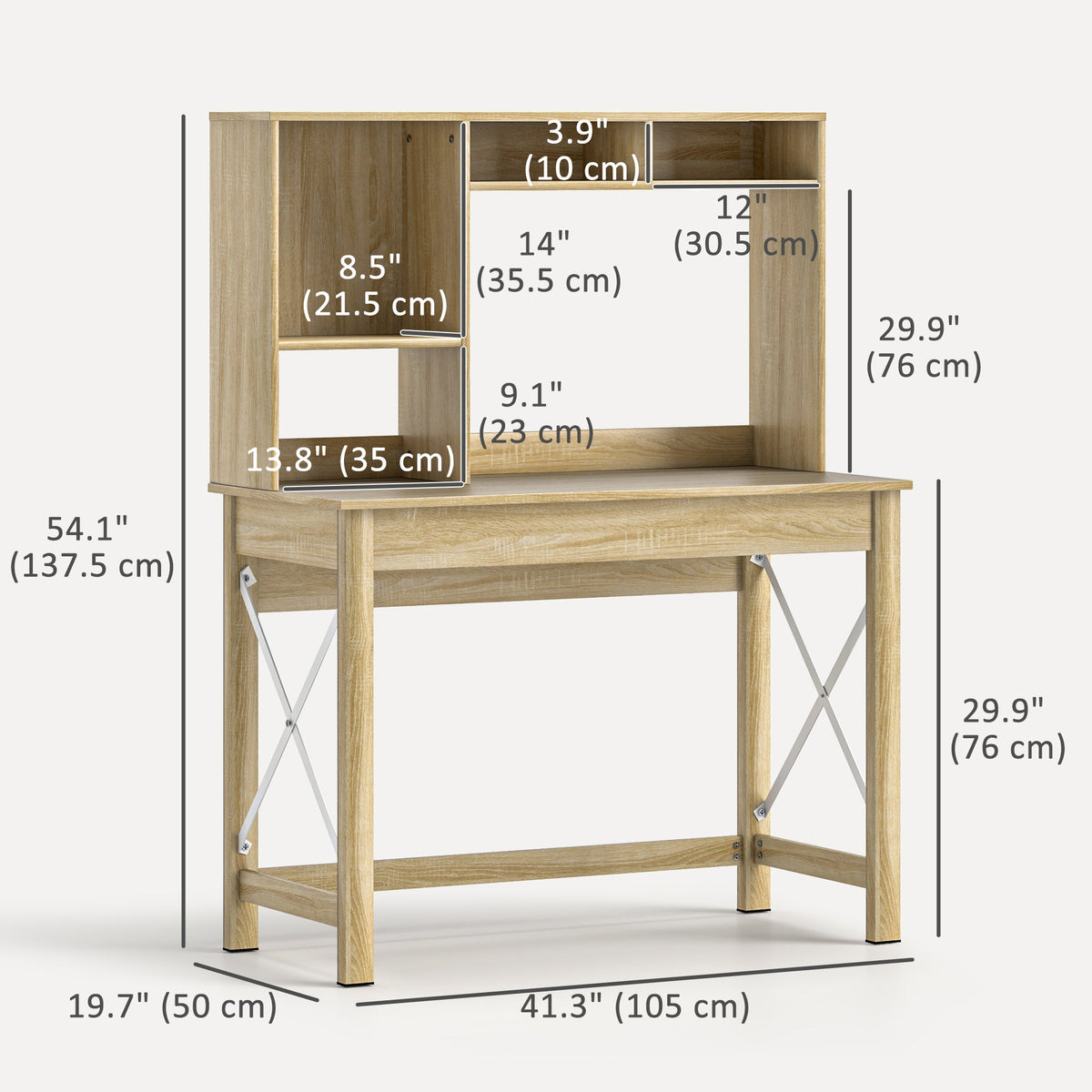 Bureau informatique Sloan avec surmeuble et étagères de rangement - Chêne