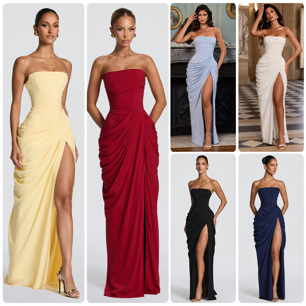 Women’s Strapless Pleated Slit Evening Dress – French Style Elegant Summer Wedding & Party Gown