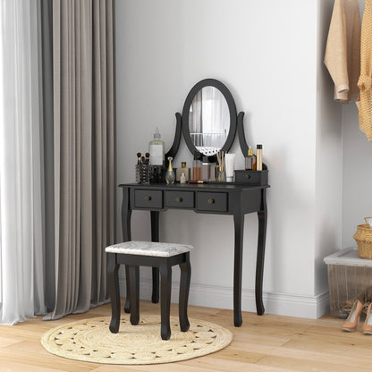 Coiffeuse Emma avec tabouret rembourré et miroir ovale rotatif à 360°-Noir