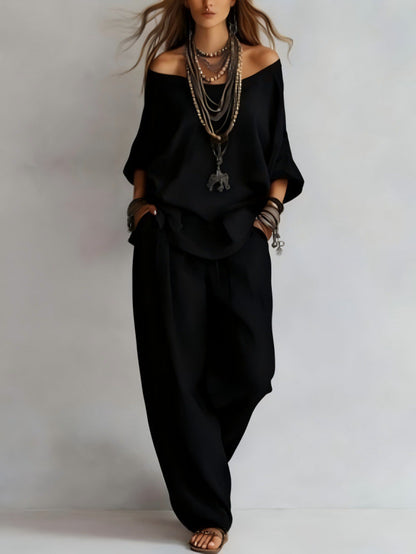 Off-shouder Suits Fashion Three-quarter Sleeves Top And Loose Pockets Wide-Leg Pants Set Women's Clothing