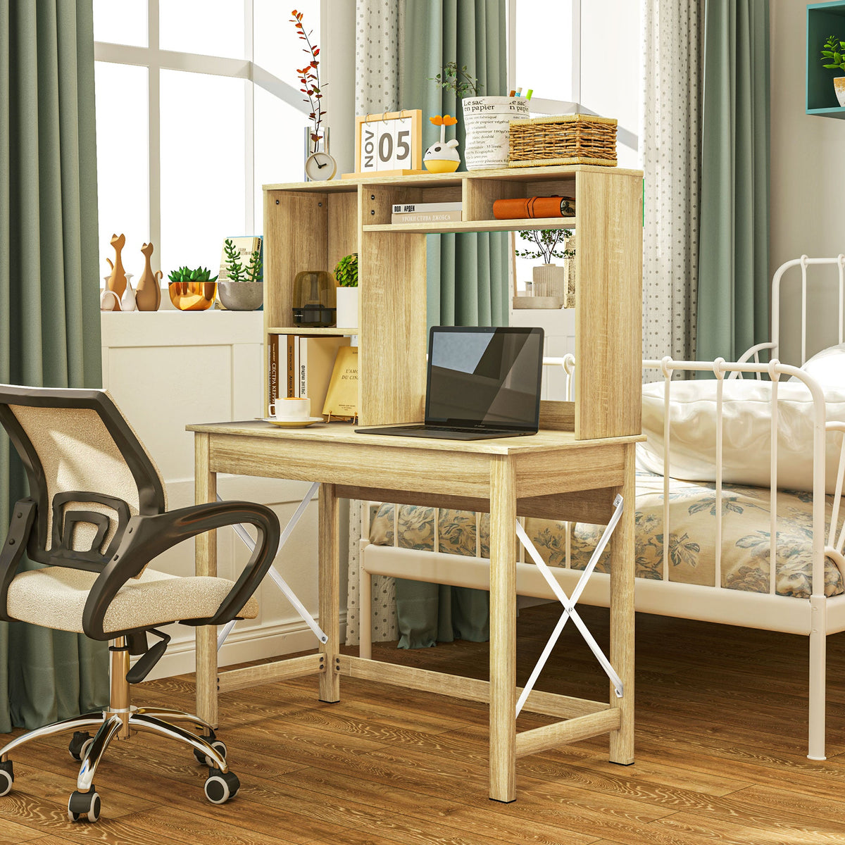 Bureau informatique Sloan avec surmeuble et étagères de rangement - Chêne