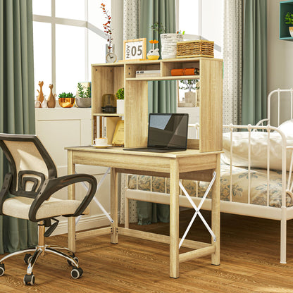 Bureau informatique Sloan avec surmeuble et étagères de rangement - Chêne