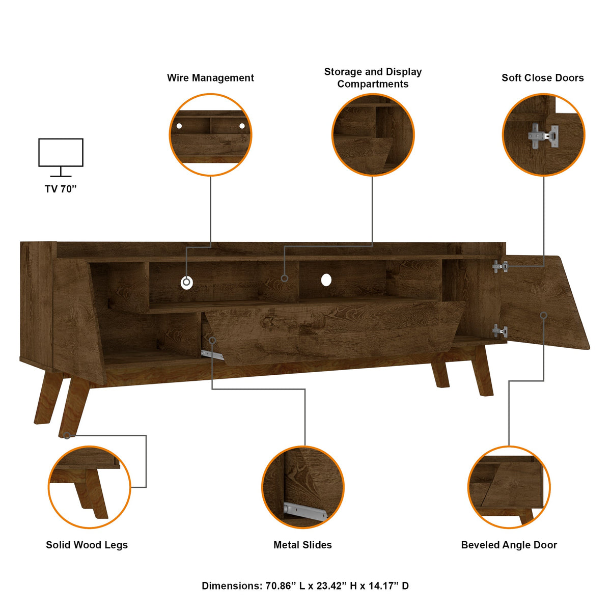 Malmo Modern 70.8" TV Stand with 2 Drawers - Rustic Brown