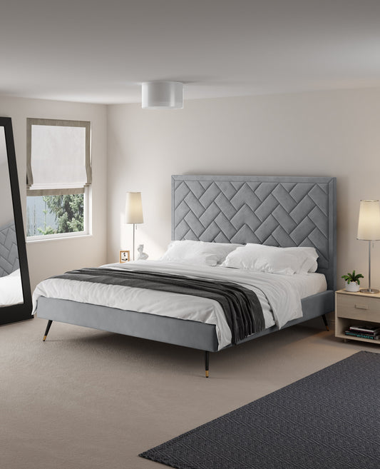Lit plateforme en velours capitonné Gallagher - Gris