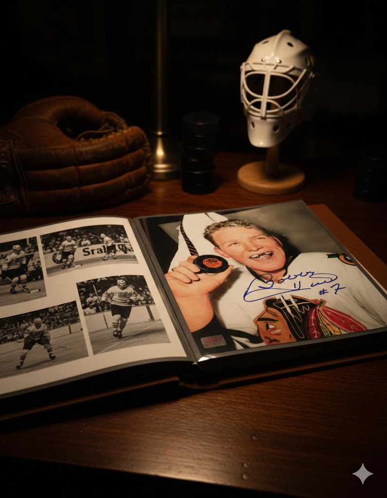 PHOTO 8X10 BOBBY HULL BUT 50e AUTOGRAPHIÉE (COULEUR) - BLACKHAWKS DE CHICAGO