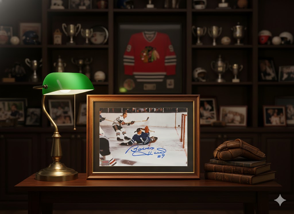 Bobby Hull Scores on Johnny Bower Signed 8x10 Photograph