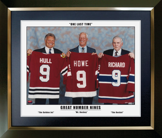 GRANDS NUMÉROS 9, M. RICHARD, G. HOWE, BOBBY HULL - TROIS GRANDS NUMÉROS 9 ENCADRÉS 24"X20"
