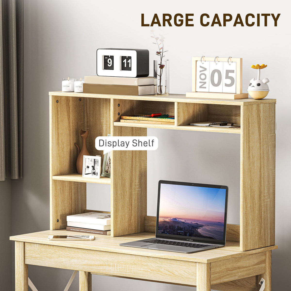 Bureau informatique Sloan avec surmeuble et étagères de rangement - Chêne