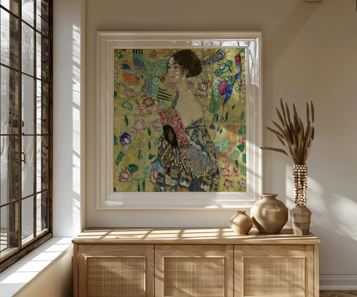 Gustav Klimt Lady With Fan Fine Art Print: Vintage Green Painting (1x1)